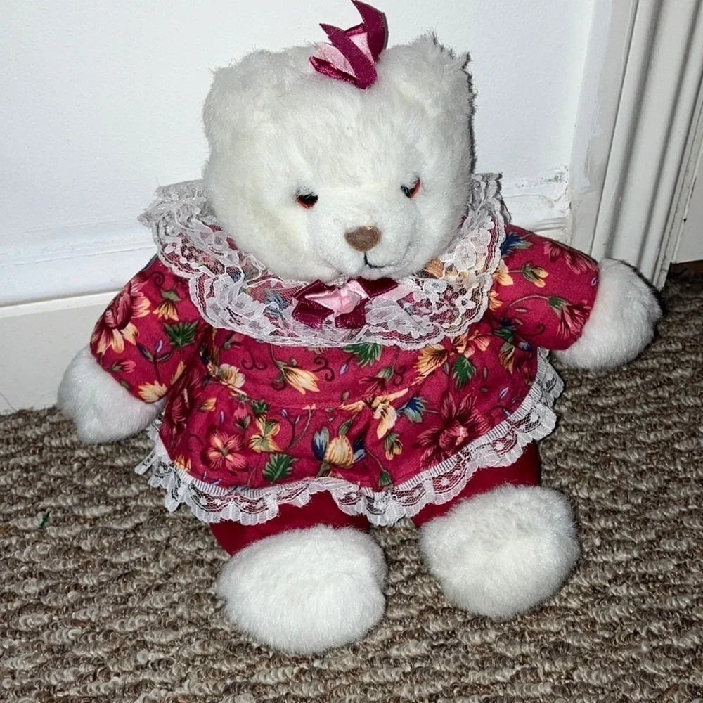 Dan Dee 1990 Vintage White Bear with Red Floral Print Dress. Preloved